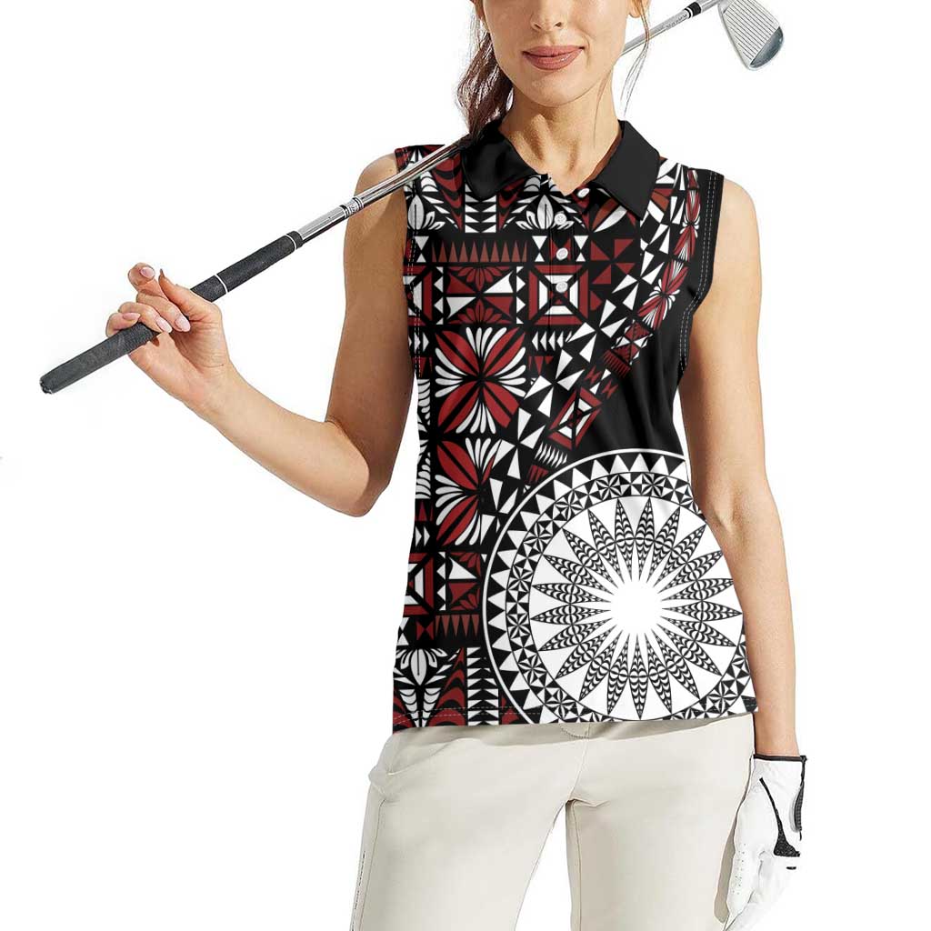 Red Tongan Ngatu Fonulei Pattern Women Sleeveless Polo Shirt LT9 - Polynesian Pride