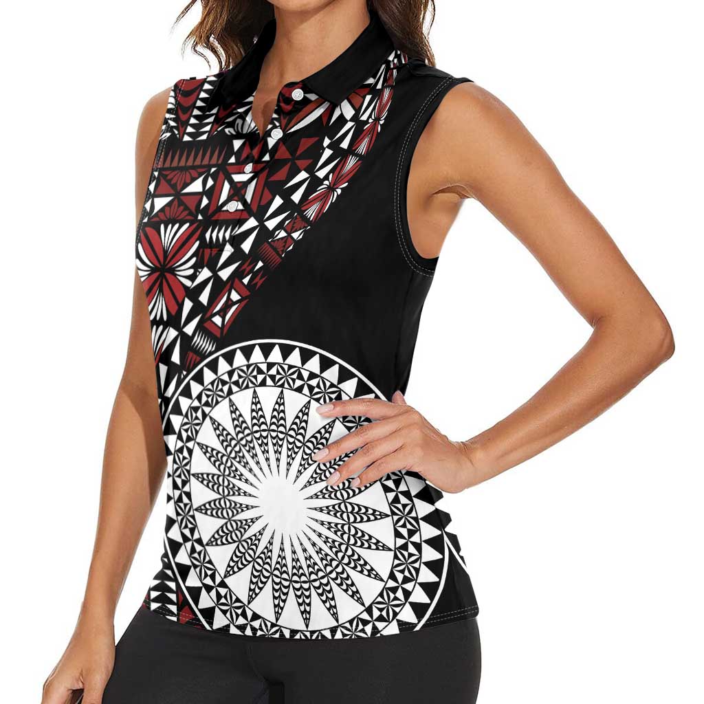 Red Tongan Ngatu Fonulei Pattern Women Sleeveless Polo Shirt LT9 - Polynesian Pride