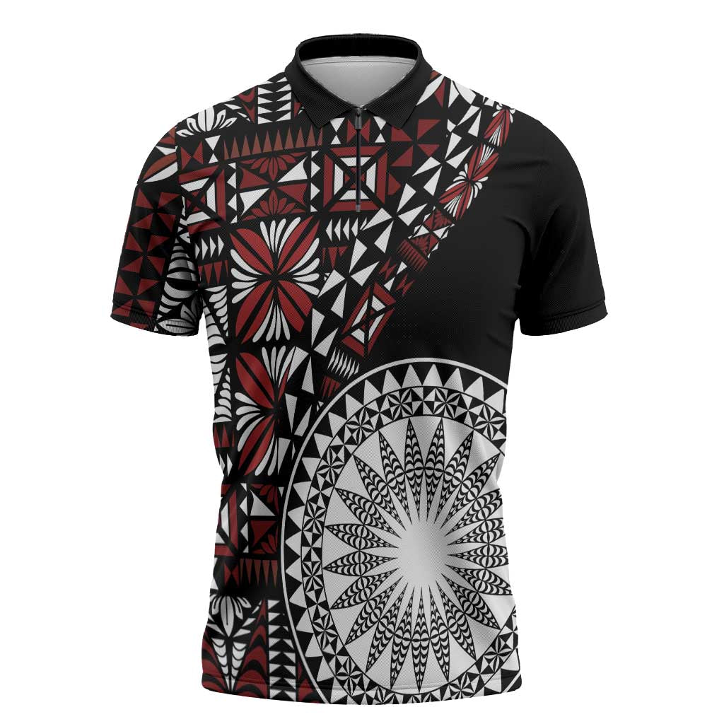 Red Tongan Ngatu Fonulei Pattern Zipper Polo Shirt - Polynesian Pride