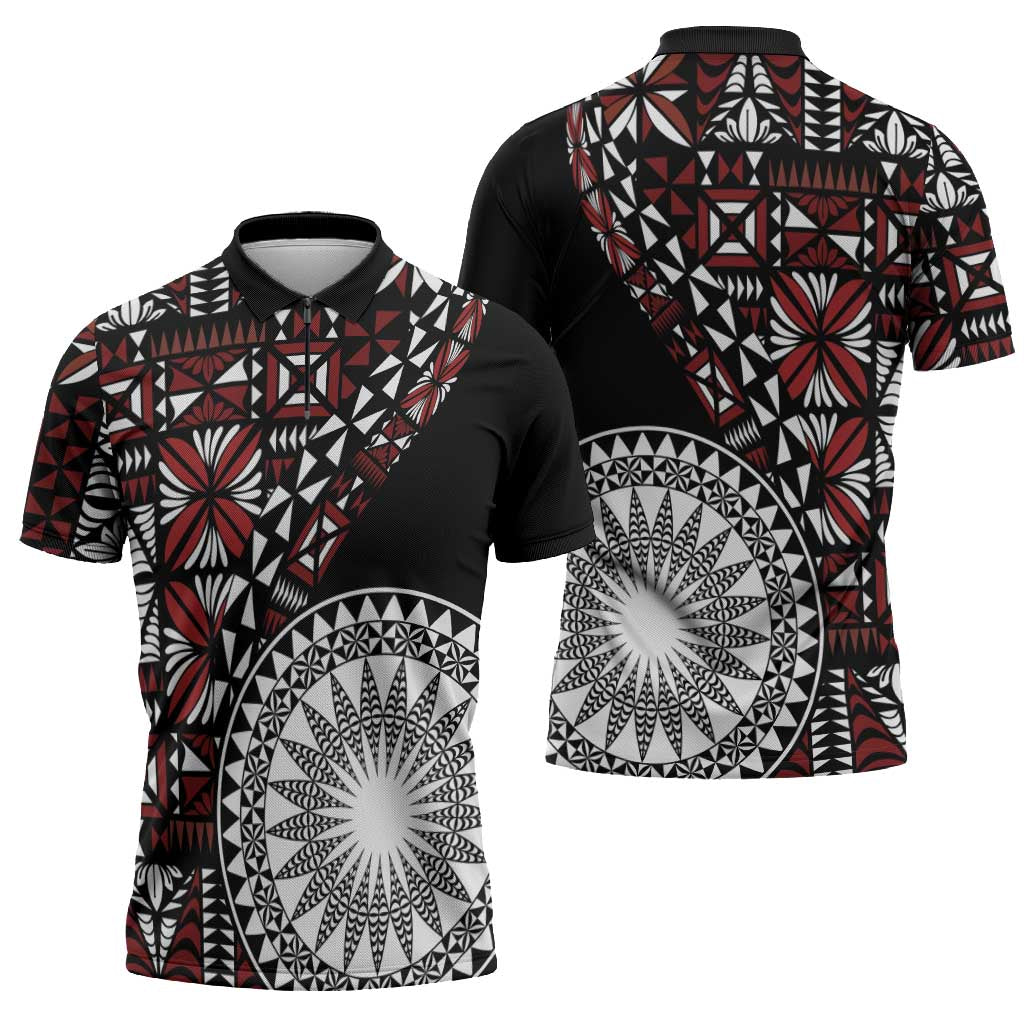 Red Tongan Ngatu Fonulei Pattern Zipper Polo Shirt - Polynesian Pride