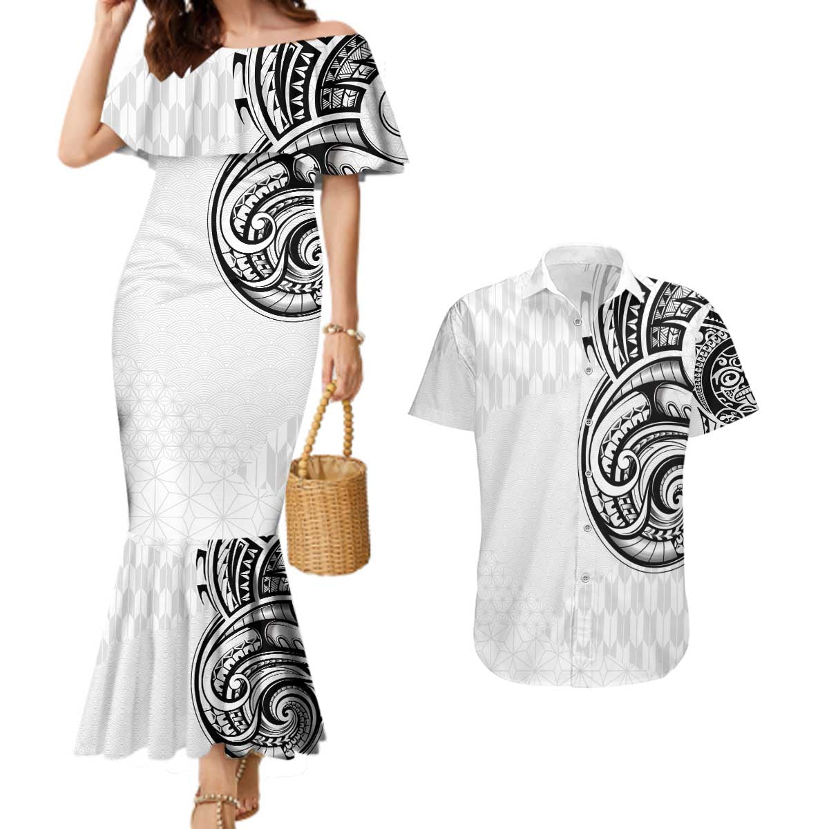 Hawaii and Japanese Culture Personalised Couples Matching Mermaid Dress and Hawaiian Shirt With Polynesian Tribal Tattoo Style LT9 White - Polynesian Pride