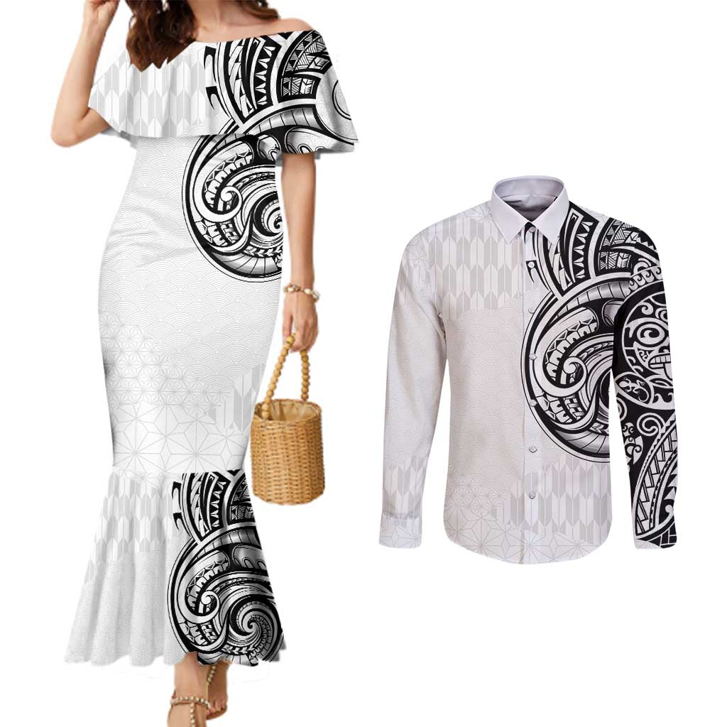 Hawaii and Japanese Culture Personalised Couples Matching Mermaid Dress and Long Sleeve Button Shirt With Polynesian Tribal Tattoo Style LT9 White - Polynesian Pride