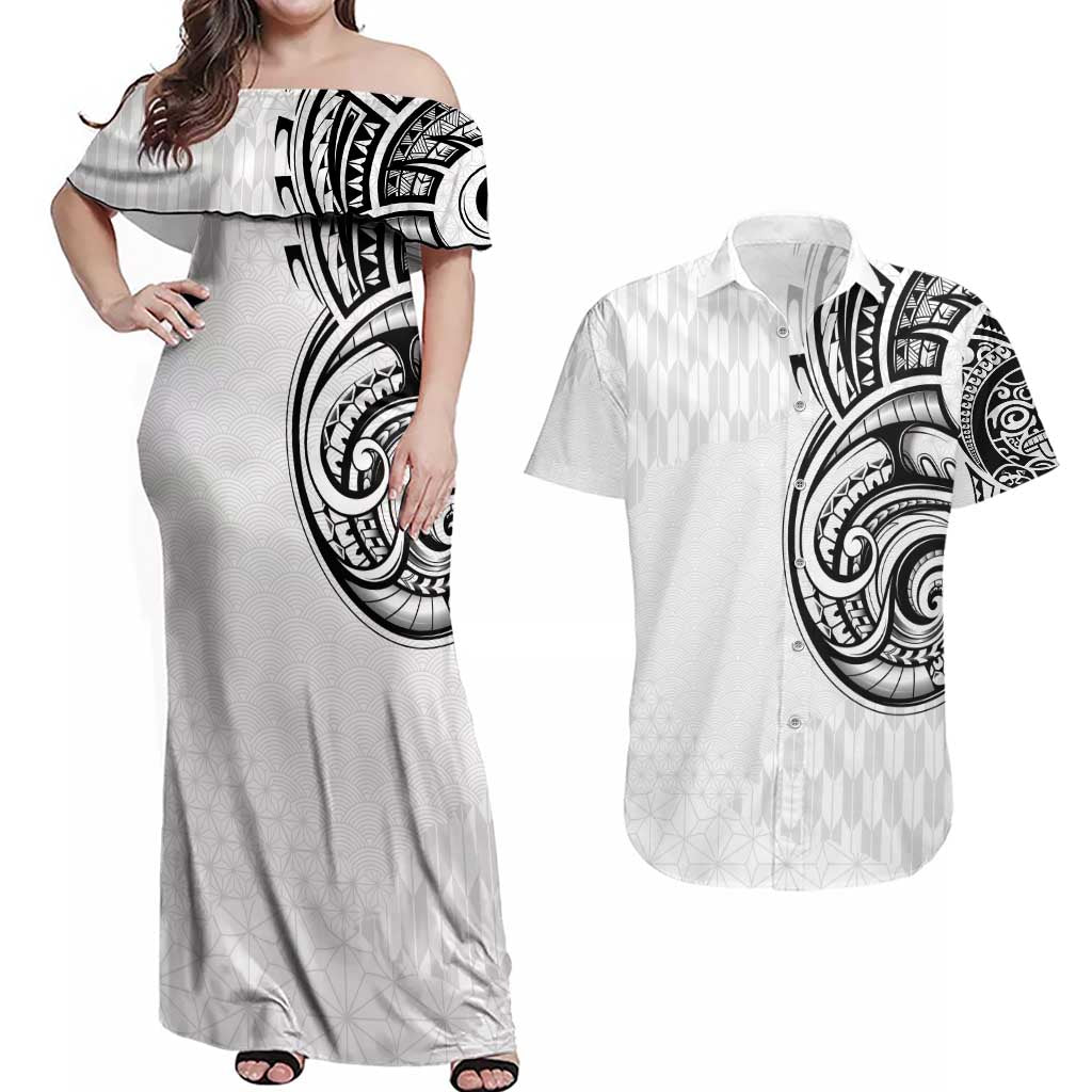 Hawaii and Japanese Culture Personalised Couples Matching Off Shoulder Maxi Dress and Hawaiian Shirt With Polynesian Tribal Tattoo Style LT9 White - Polynesian Pride