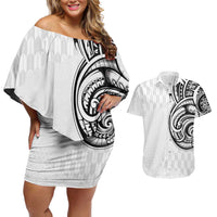 Hawaii and Japanese Culture Personalised Couples Matching Off Shoulder Short Dress and Hawaiian Shirt With Polynesian Tribal Tattoo Style LT9 White - Polynesian Pride