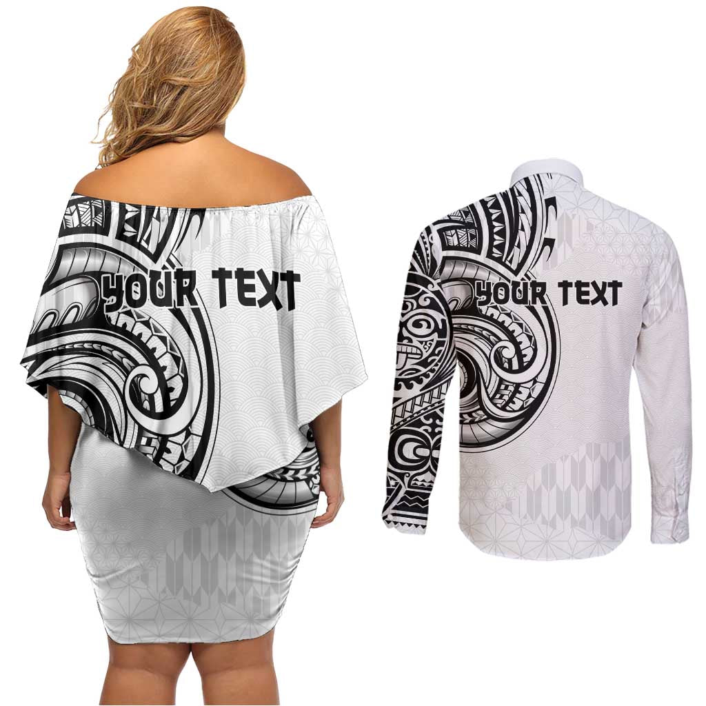 Hawaii and Japanese Culture Personalised Couples Matching Off Shoulder Short Dress and Long Sleeve Button Shirt With Polynesian Tribal Tattoo Style LT9 - Polynesian Pride