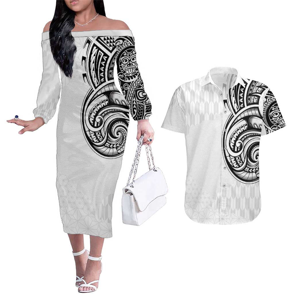 Hawaii and Japanese Culture Personalised Couples Matching Off The Shoulder Long Sleeve Dress and Hawaiian Shirt With Polynesian Tribal Tattoo Style