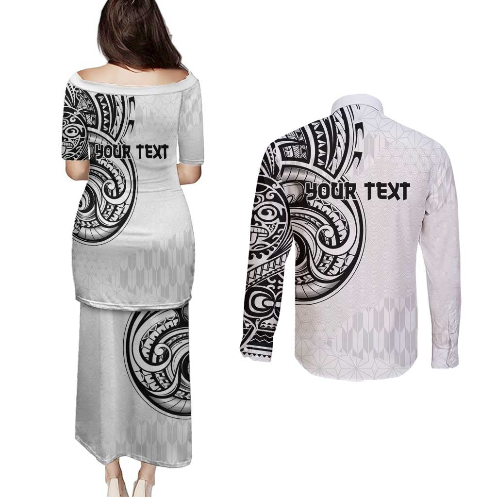 Hawaii and Japanese Culture Personalised Couples Matching Puletasi and Long Sleeve Button Shirt With Polynesian Tribal Tattoo Style LT9 - Polynesian Pride