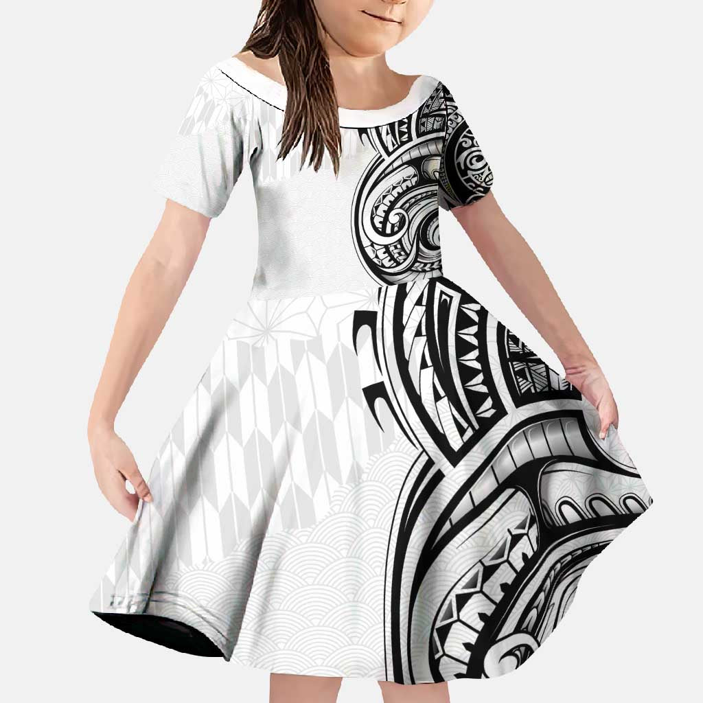 Hawaii and Japanese Culture Personalised Family Matching Mermaid Dress and Hawaiian Shirt With Polynesian Tribal Tattoo Style LT9 Daughter's Dress White - Polynesian Pride