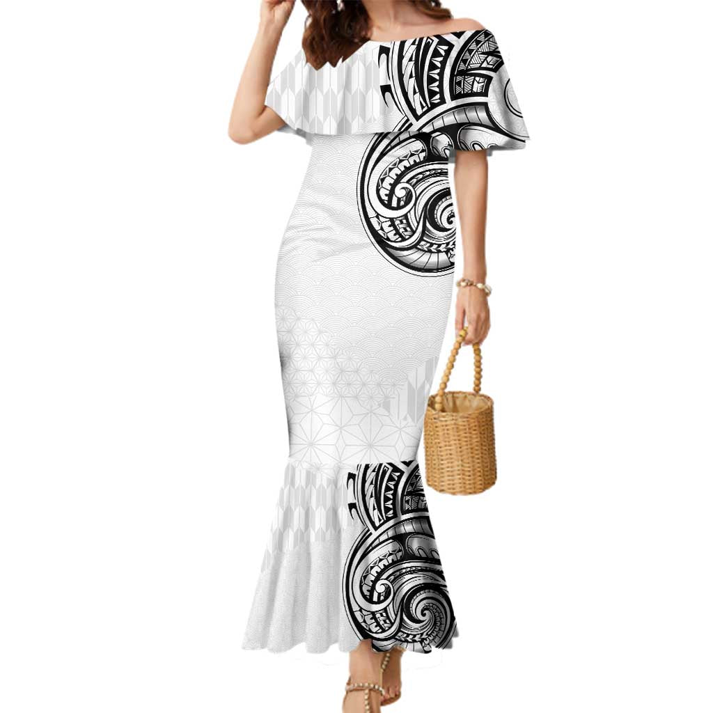 Hawaii and Japanese Culture Personalised Family Matching Mermaid Dress and Hawaiian Shirt With Polynesian Tribal Tattoo Style LT9 Mom's Dress White - Polynesian Pride