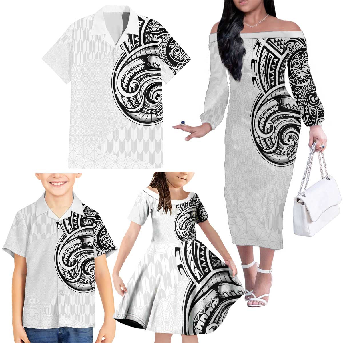 Hawaii and Japanese Culture Personalised Family Matching Off The Shoulder Long Sleeve Dress and Hawaiian Shirt With Polynesian Tribal Tattoo Style