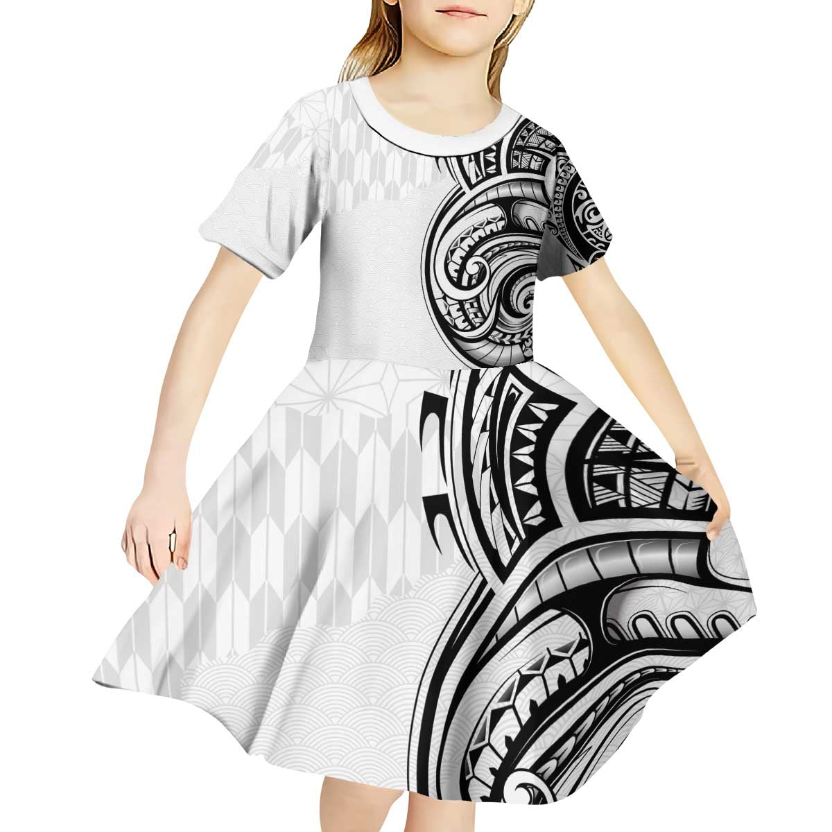 Hawaii and Japanese Culture Personalised Kid Short Sleeve Dress With Polynesian Tribal Tattoo Style