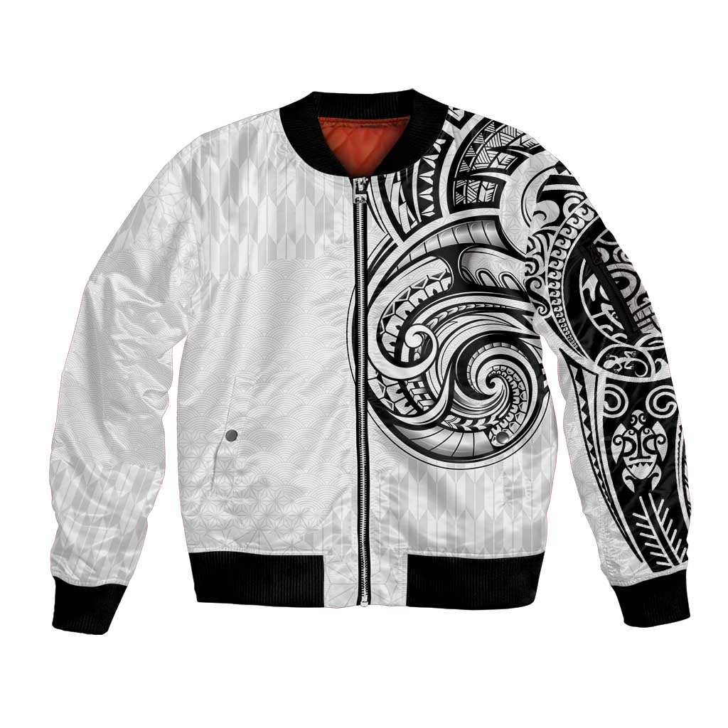 Hawaii and Japanese Culture Personalised Sleeve Zip Bomber Jacket With Polynesian Tribal Tattoo Style LT9 Unisex White - Polynesian Pride