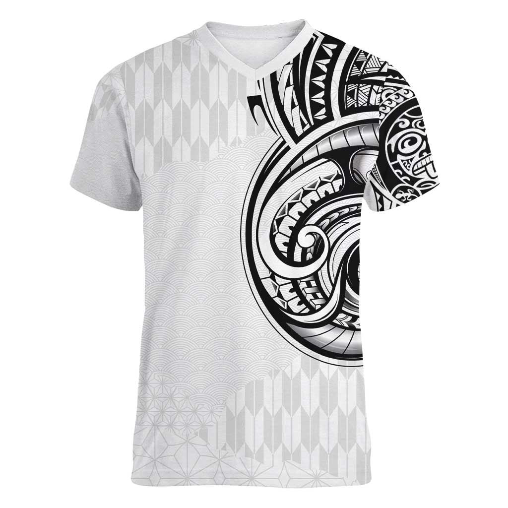 Hawaii and Japanese Culture Personalised Women V-Neck T-Shirt With Polynesian Tribal Tattoo Style LT9 Female White - Polynesian Pride