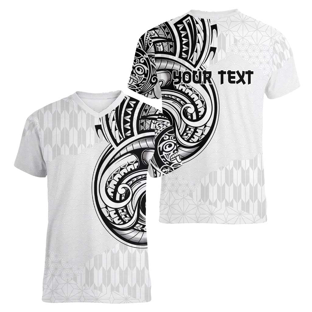 Hawaii and Japanese Culture Personalised Women V-Neck T-Shirt With Polynesian Tribal Tattoo Style LT9 - Polynesian Pride