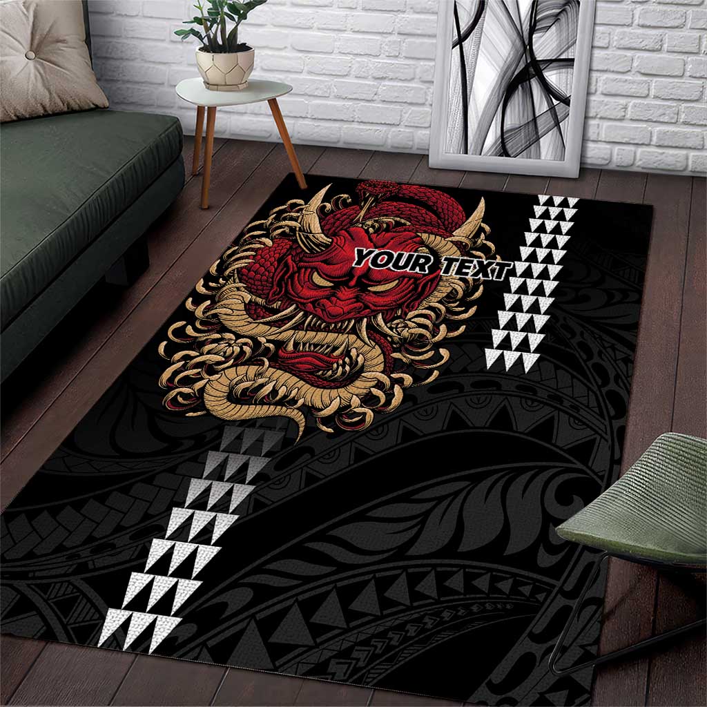 Hawaii and Japanese Oni Mask Personalised Area Rug Kakau Pattern Dark Art Style