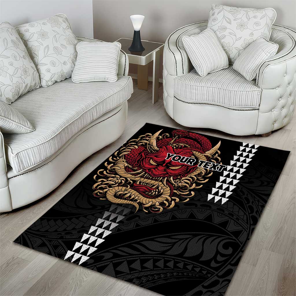 Hawaii and Japanese Oni Mask Personalised Area Rug Kakau Pattern Dark Art Style