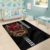 Hawaii and Japanese Oni Mask Personalised Area Rug Kakau Pattern Dark Art Style