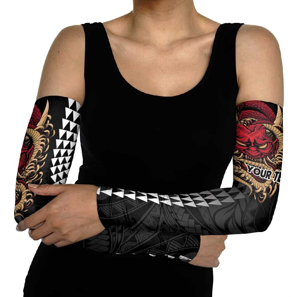 Hawaii and Japanese Oni Mask Personalised Arm Sleeves Kakau Pattern Dark Art Style - Polynesian Pride