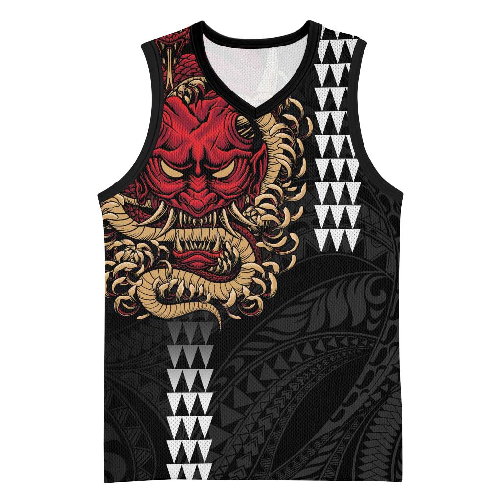 Hawaii and Japanese Oni Mask Personalised Basketball Jersey Kakau Pattern Dark Art Style - Polynesian Pride