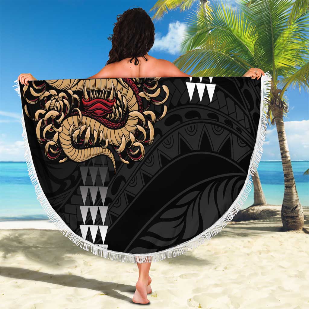 Hawaii and Japanese Oni Mask Personalised Beach Blanket Kakau Pattern Dark Art Style