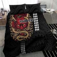 Hawaii and Japanese Oni Mask Personalised Bedding Set Kakau Pattern Dark Art Style