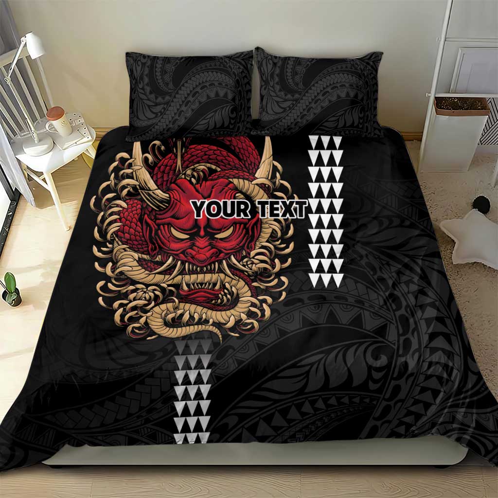 Hawaii and Japanese Oni Mask Personalised Bedding Set Kakau Pattern Dark Art Style