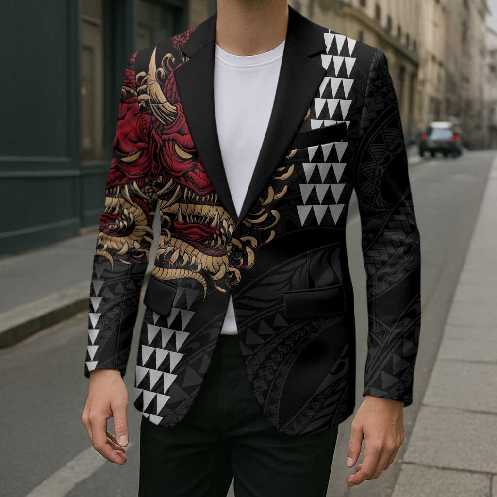 Hawaii and Japanese Oni Mask Personalised Blazer Kakau Pattern Dark Art Style - Polynesian Pride