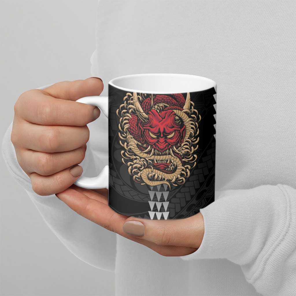 Hawaii and Japanese Oni Mask Personalised Ceramic Mug Kakau Pattern Dark Art Style - Polynesian Pride