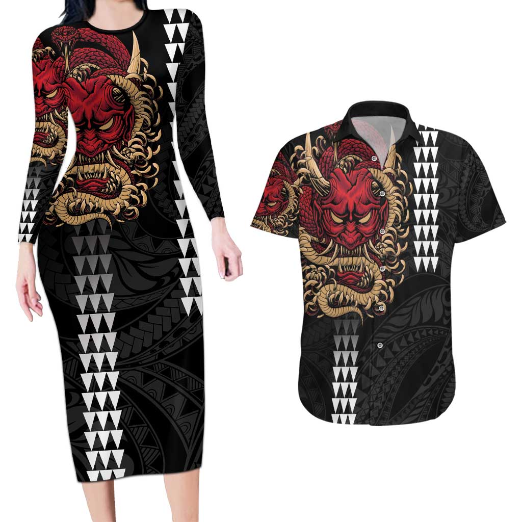 Hawaii and Japanese Oni Mask Personalised Couples Matching Long Sleeve Bodycon Dress and Hawaiian Shirt Kakau Pattern Dark Art Style LT9 Black - Polynesian Pride