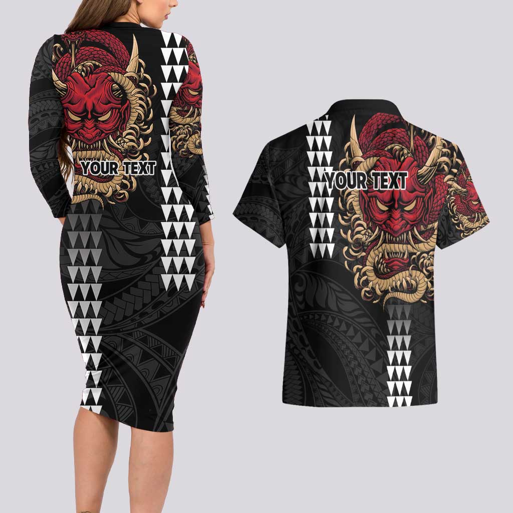 Hawaii and Japanese Oni Mask Personalised Couples Matching Long Sleeve Bodycon Dress and Hawaiian Shirt Kakau Pattern Dark Art Style LT9 - Polynesian Pride
