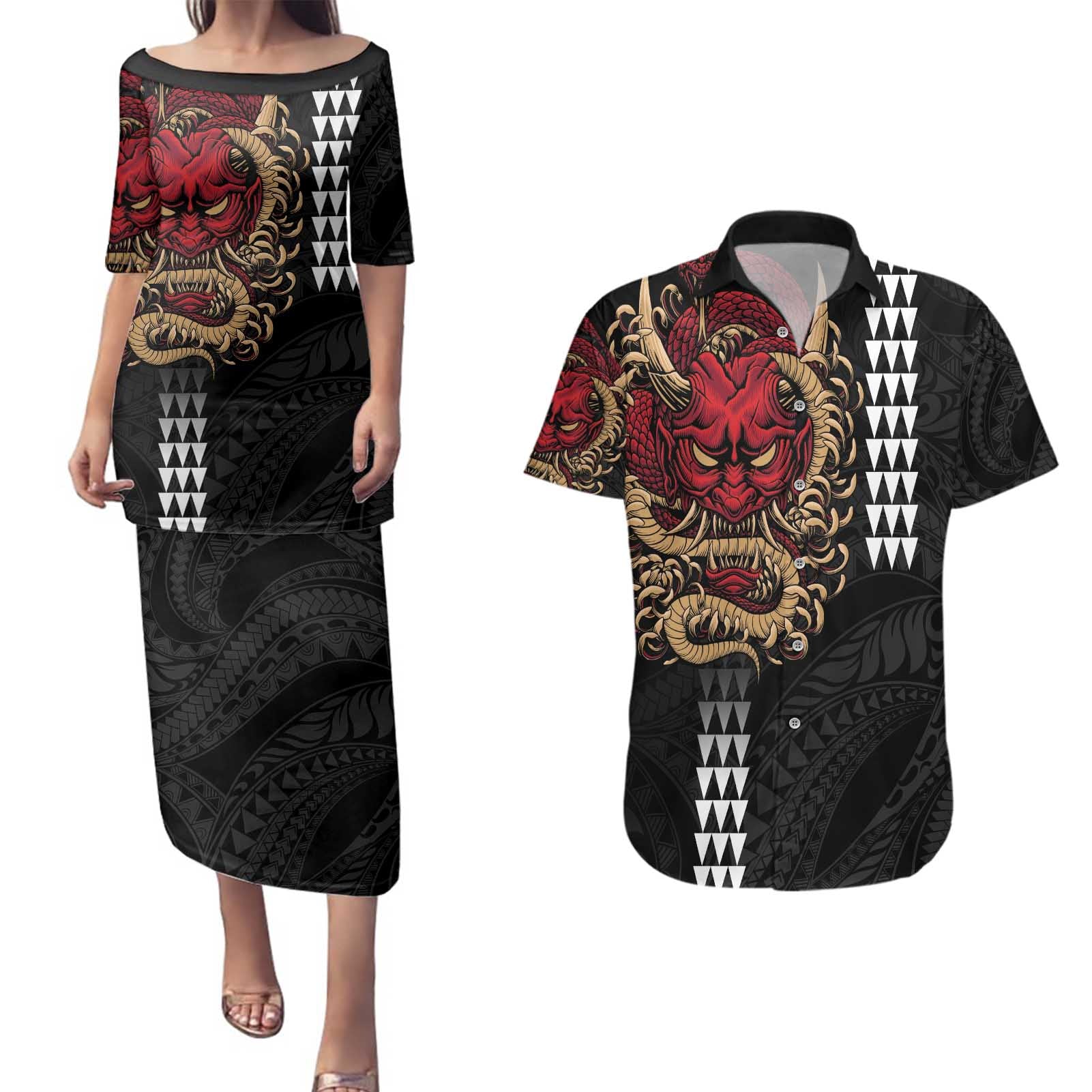 Hawaii and Japanese Oni Mask Personalised Couples Matching Puletasi and Hawaiian Shirt Kakau Pattern Dark Art Style