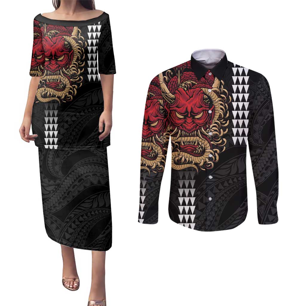 Hawaii and Japanese Oni Mask Personalised Couples Matching Puletasi and Long Sleeve Button Shirt Kakau Pattern Dark Art Style LT9 Black - Polynesian Pride