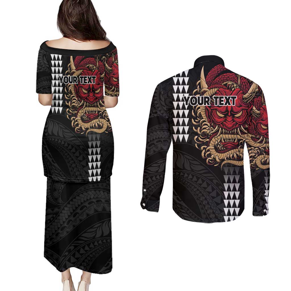 Hawaii and Japanese Oni Mask Personalised Couples Matching Puletasi and Long Sleeve Button Shirt Kakau Pattern Dark Art Style LT9 - Polynesian Pride