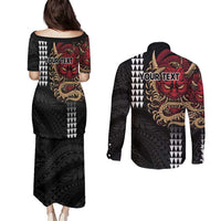 Hawaii and Japanese Oni Mask Personalised Couples Matching Puletasi and Long Sleeve Button Shirt Kakau Pattern Dark Art Style LT9 - Polynesian Pride