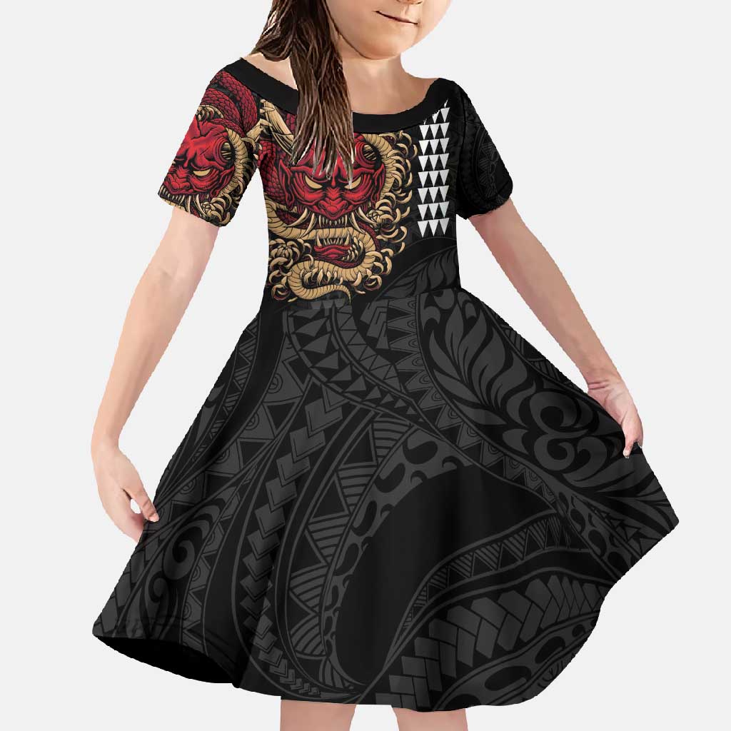 Hawaii and Japanese Oni Mask Personalised Family Matching Long Sleeve Bodycon Dress and Hawaiian Shirt Kakau Pattern Dark Art Style LT9 Daughter's Dress Black - Polynesian Pride