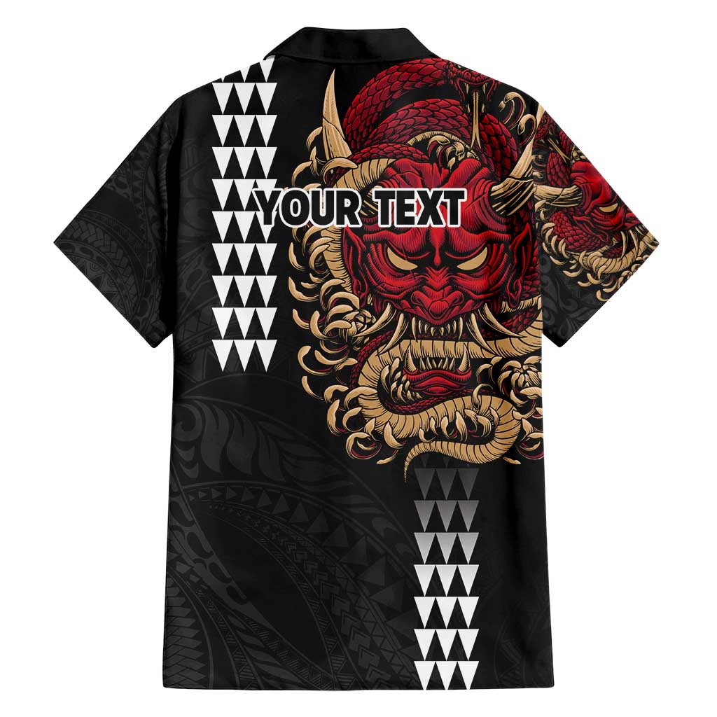 Hawaii and Japanese Oni Mask Personalised Family Matching Long Sleeve Bodycon Dress and Hawaiian Shirt Kakau Pattern Dark Art Style LT9 - Polynesian Pride