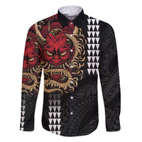Hawaii and Japanese Oni Mask Personalised Family Matching Long Sleeve Bodycon Dress and Hawaiian Shirt Kakau Pattern Dark Art Style LT9 Dad's Shirt - Long Sleeve Black - Polynesian Pride