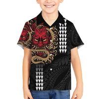 Hawaii and Japanese Oni Mask Personalised Family Matching Long Sleeve Bodycon Dress and Hawaiian Shirt Kakau Pattern Dark Art Style LT9 Son's Shirt Black - Polynesian Pride