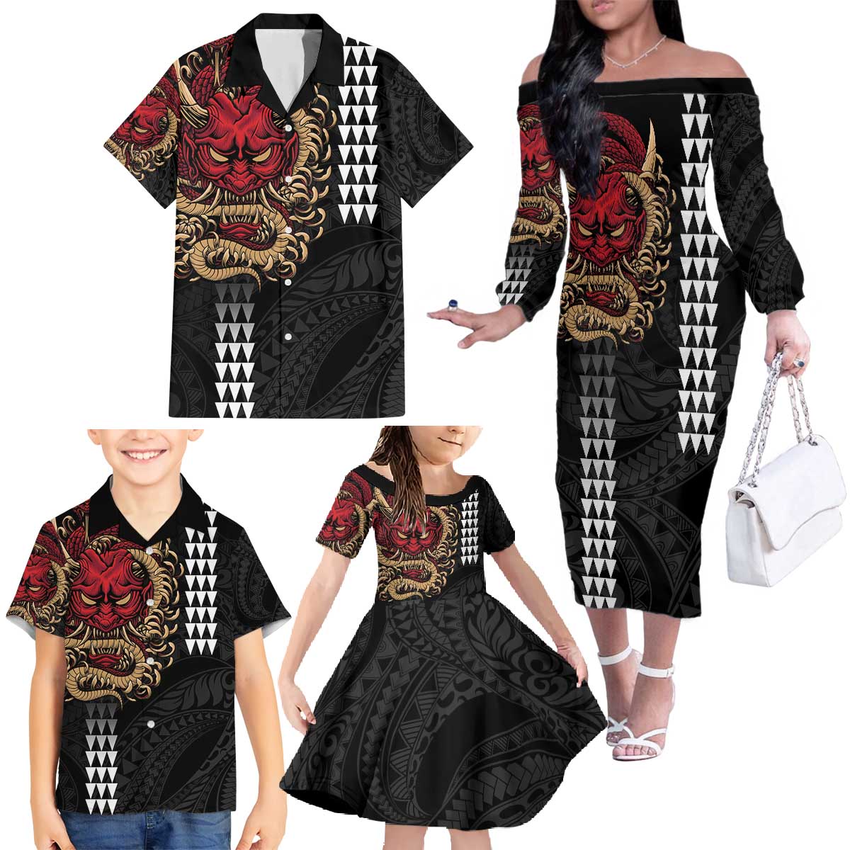 Hawaii and Japanese Oni Mask Personalised Family Matching Off The Shoulder Long Sleeve Dress and Hawaiian Shirt Kakau Pattern Dark Art Style