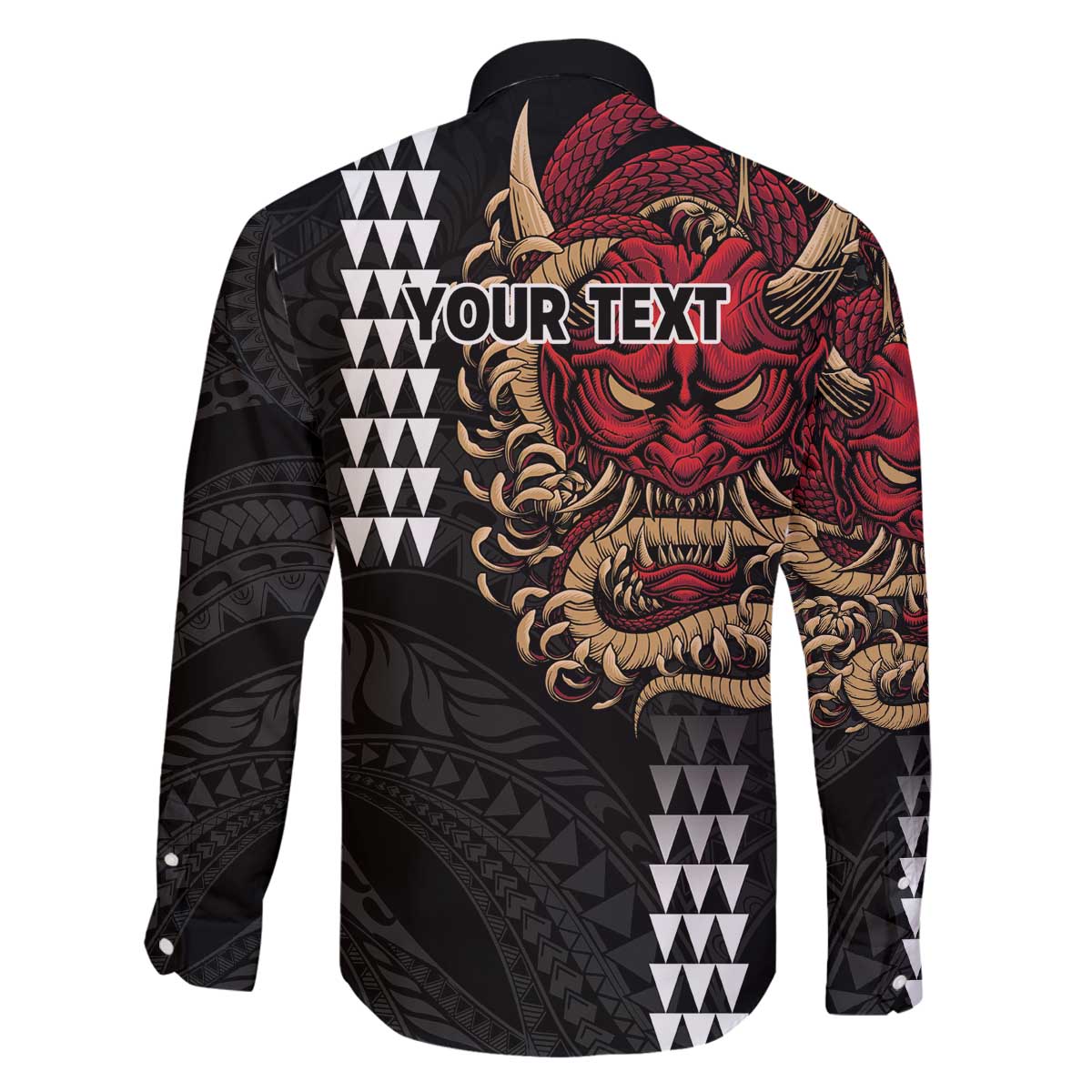 Hawaii and Japanese Oni Mask Personalised Family Matching Off The Shoulder Long Sleeve Dress and Hawaiian Shirt Kakau Pattern Dark Art Style