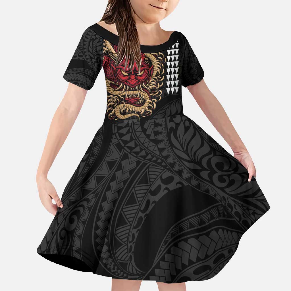 Hawaii and Japanese Oni Mask Personalised Family Matching Off Shoulder Maxi Dress and Hawaiian Shirt Kakau Pattern Dark Art Style LT9 Daughter's Dress Black - Polynesian Pride