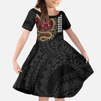 Hawaii and Japanese Oni Mask Personalised Family Matching Off Shoulder Maxi Dress and Hawaiian Shirt Kakau Pattern Dark Art Style LT9 Daughter's Dress Black - Polynesian Pride