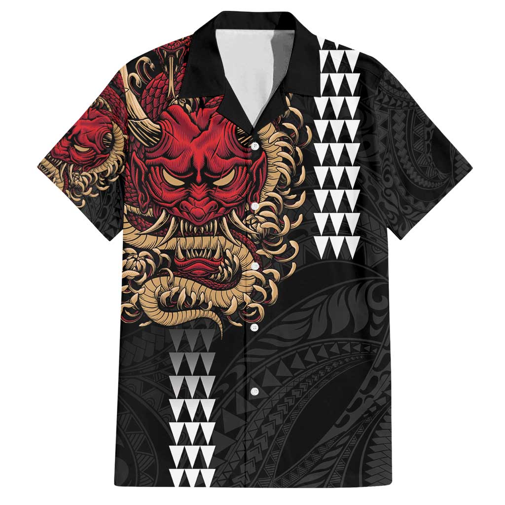 Hawaii and Japanese Oni Mask Personalised Family Matching Off Shoulder Maxi Dress and Hawaiian Shirt Kakau Pattern Dark Art Style LT9 Dad's Shirt - Short Sleeve Black - Polynesian Pride