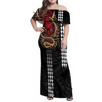 Hawaii and Japanese Oni Mask Personalised Family Matching Off Shoulder Maxi Dress and Hawaiian Shirt Kakau Pattern Dark Art Style LT9 Mom's Dress Black - Polynesian Pride