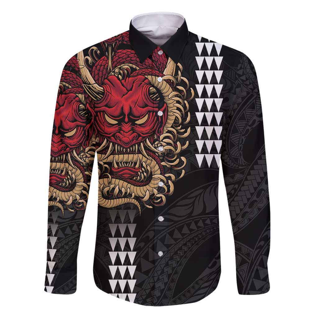 Hawaii and Japanese Oni Mask Personalised Family Matching Off Shoulder Short Dress and Hawaiian Shirt Kakau Pattern Dark Art Style LT9 Dad's Shirt - Long Sleeve Black - Polynesian Pride