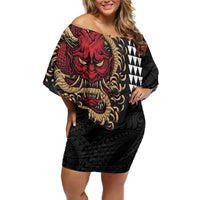 Hawaii and Japanese Oni Mask Personalised Family Matching Off Shoulder Short Dress and Hawaiian Shirt Kakau Pattern Dark Art Style LT9 Mom's Dress Black - Polynesian Pride