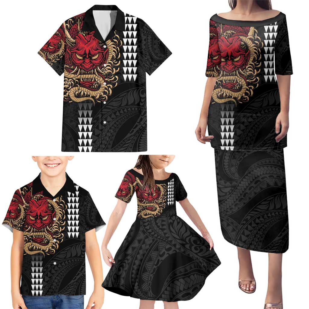 Hawaii and Japanese Oni Mask Personalised Family Matching Puletasi and Hawaiian Shirt Kakau Pattern Dark Art Style LT9 - Polynesian Pride