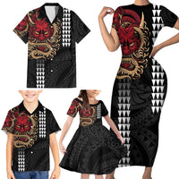 Hawaii and Japanese Oni Mask Personalised Family Matching Short Sleeve Bodycon Dress and Hawaiian Shirt Kakau Pattern Dark Art Style LT9 - Polynesian Pride