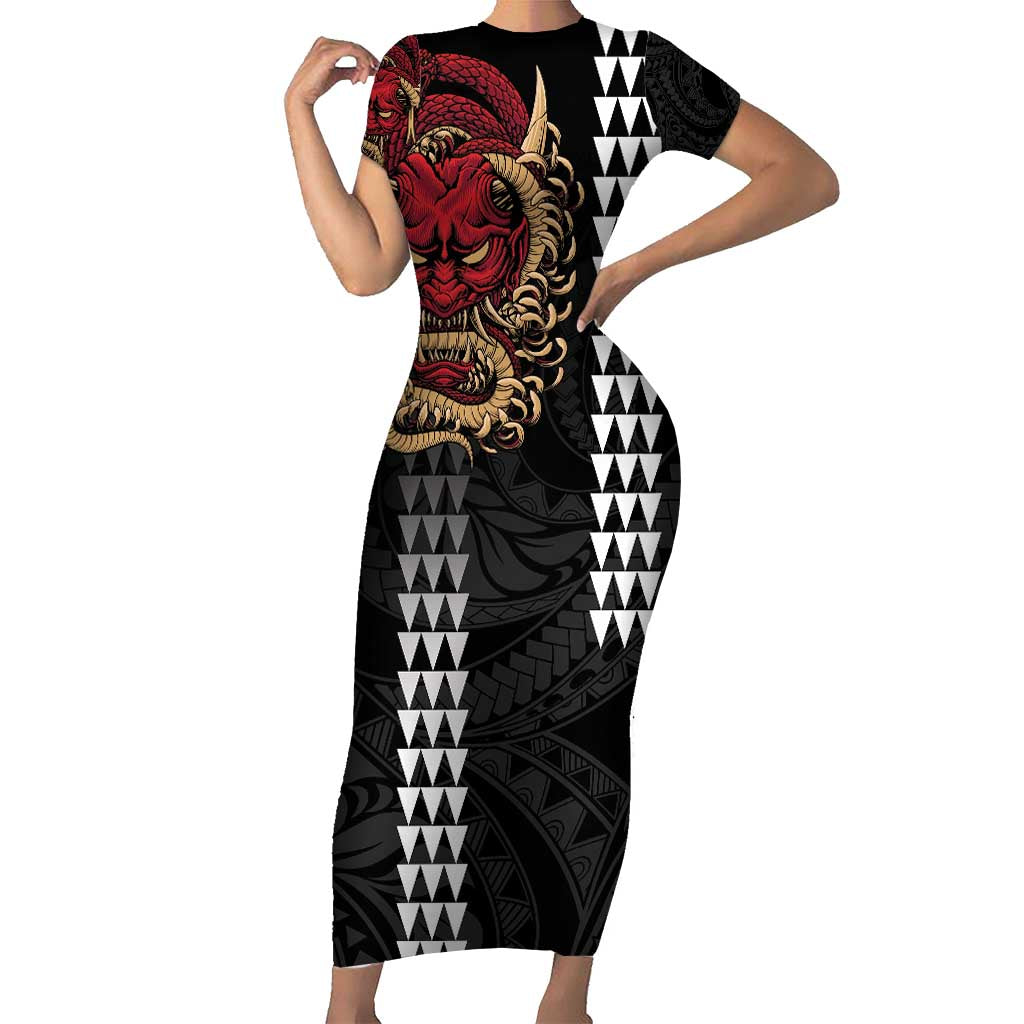 Hawaii and Japanese Oni Mask Personalised Family Matching Short Sleeve Bodycon Dress and Hawaiian Shirt Kakau Pattern Dark Art Style LT9 Mom's Dress Black - Polynesian Pride