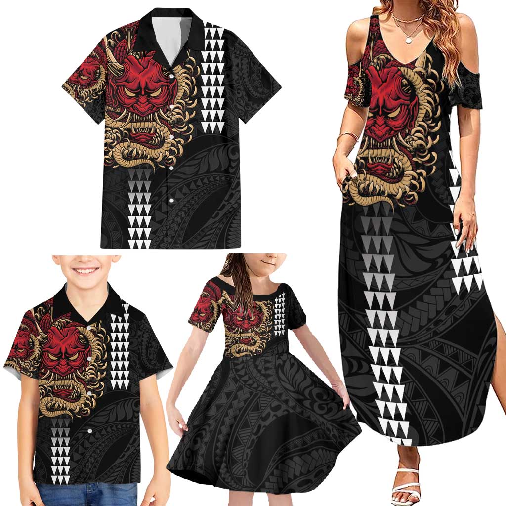 Hawaii and Japanese Oni Mask Personalised Family Matching Summer Maxi Dress and Hawaiian Shirt Kakau Pattern Dark Art Style LT9 - Polynesian Pride